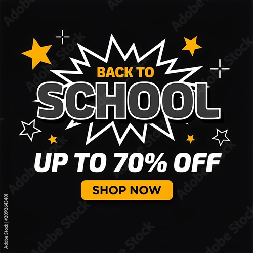 A vibrant back to school promotional graphic featuring bold typography stars and lightning bolts on a dark background encouraging shopping