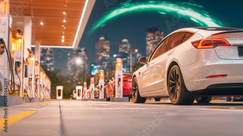 Futuristic electric vehicle charging hub in vibrant city at night