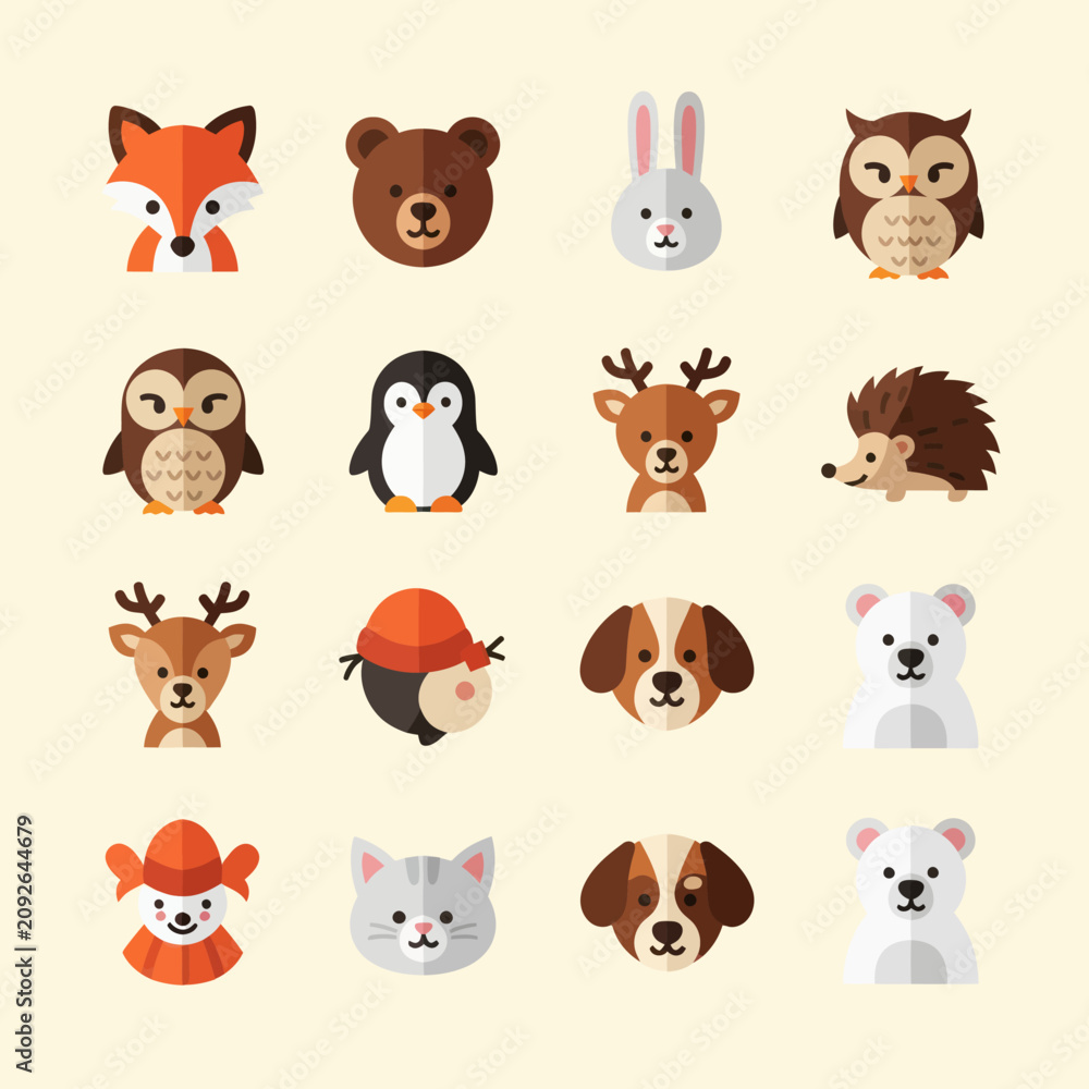 Fototapeta premium Cute Flat Animal Faces Icons Set, Vector Illustration