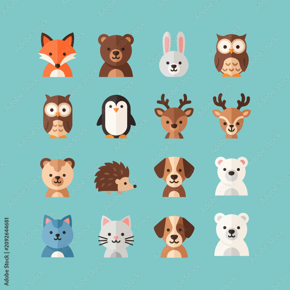 Obraz premium Cute Flat Animal Icons Collection: Forest, Arctic, Domestic Wildlife