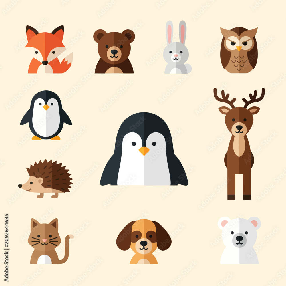 Obraz premium Cute Flat Animal Icons Collection: Fox, Bear, Penguin, Deer, Owl, Rabbit