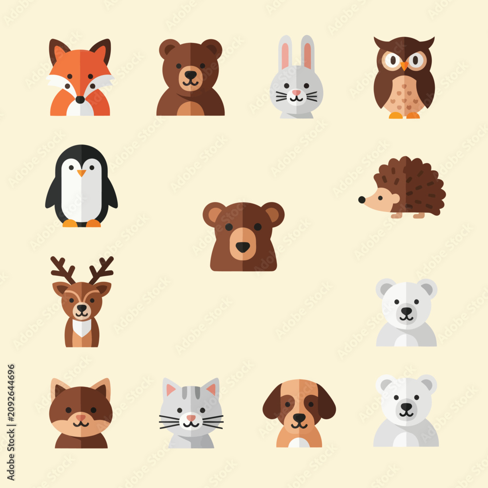 Fototapeta premium Cute Flat Animal Icons Collection: Fox, Bear, Rabbit, Owl, Penguin, Hedgehog, Deer