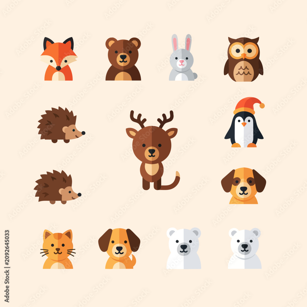 Fototapeta premium Cute Flat Animal Icons Set: Fox, Bear, Rabbit, Owl, Hedgehog, Deer, Penguin, Dog, Cat