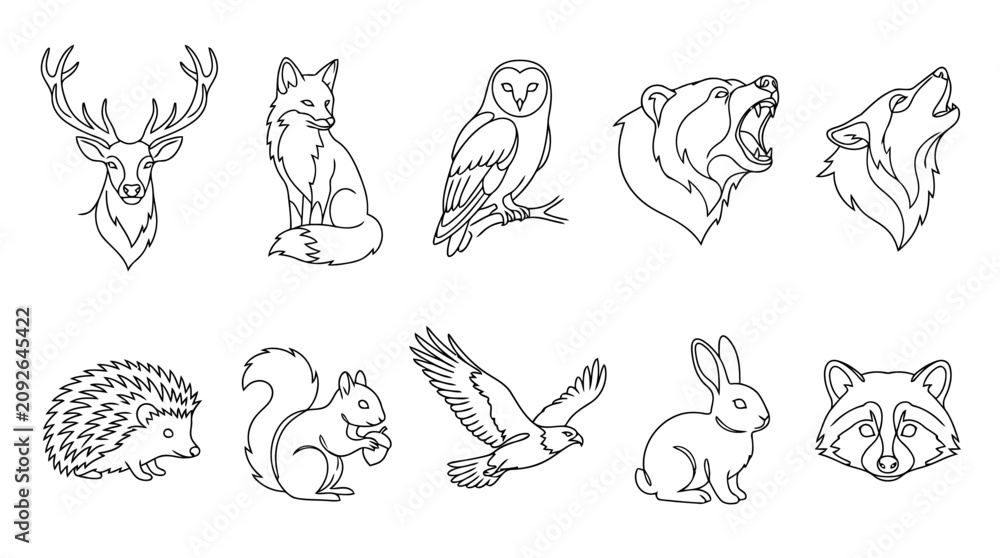 Obraz premium Collection of various wild animals in a line art style