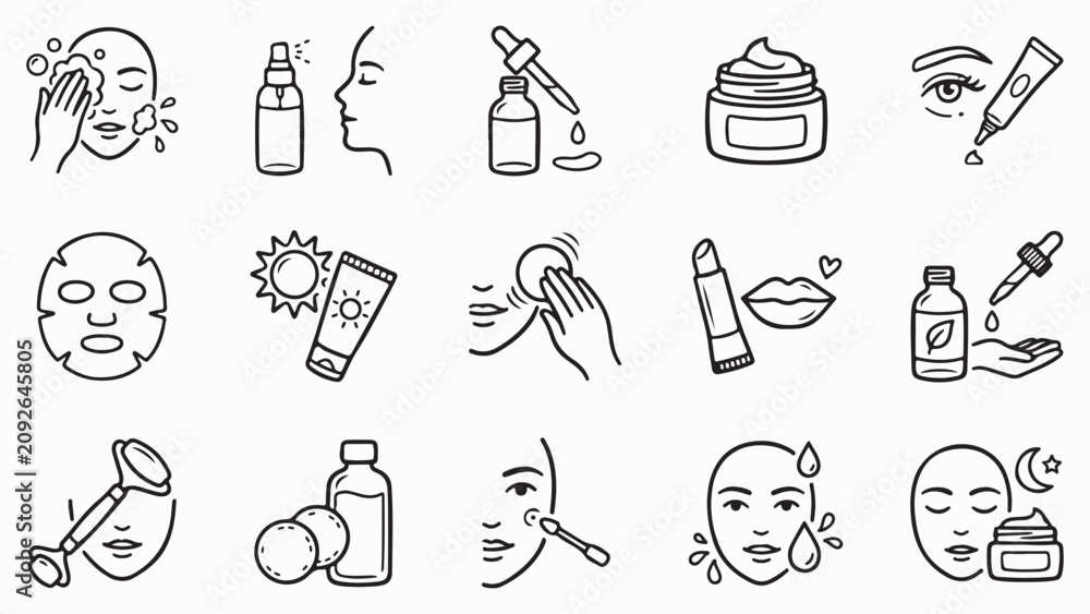 Fototapeta premium Cosmetic skincare routine vector icons with women's beauty treatments during daytime and nighttime isolated on white background