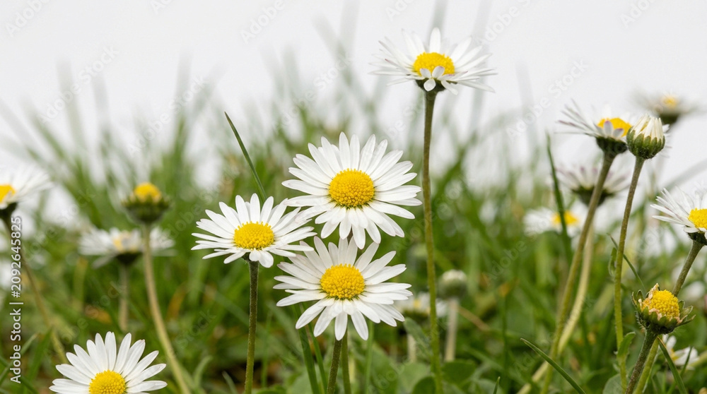 Fototapeta premium White Daisies with Yellow Centers, Close-Up on Green Background