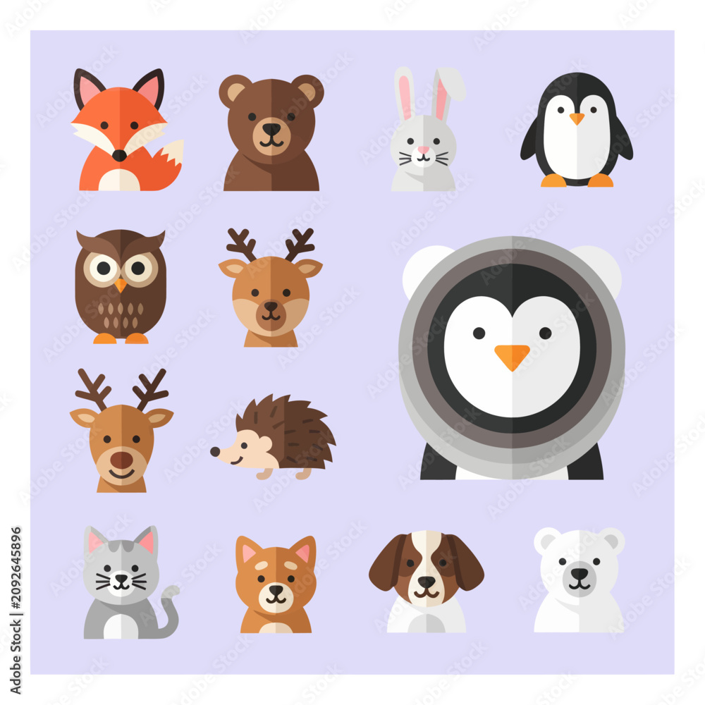 Fototapeta premium Cute Flat Animal Icons Set: Fox, Bear, Rabbit, Penguin, Owl, Deer, Hedgehog, Cat, Dog