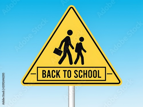 A bright yellow triangular warning sign depicts two silhouetted figures of children walking with a school bag signaling back to school season