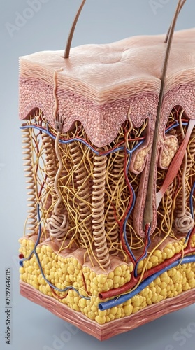 Human skin cross section showing detailed anatomy of epidermis, dermis with golden triple helix spirals of collagen, elastin fiber network, hair follicle, subcutaneous fat layer, blood vessel.