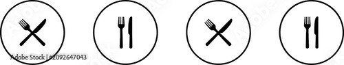 Fotografie Set of black and white flat cutlery icons depicting crossed knife and fork as di