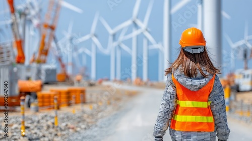 Female Engineer in High-Visibility Vest Walking Away from Wind Turbines