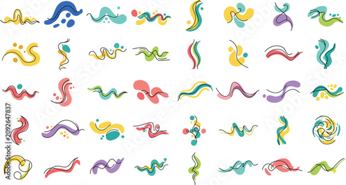 A collection of colorful abstract watercolor hand drawn doodle shapes and wavy lines isolated on a white background for creative design projects