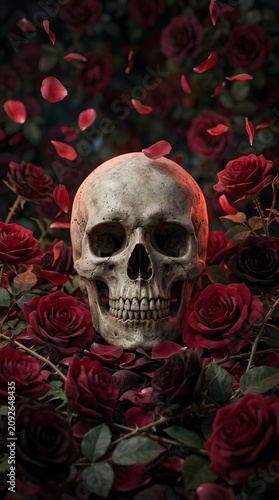 Realistic human skull surrounded by blooming red roses and falling petals. Dark gothic romantic concept for halloween poster or tattoo design.
