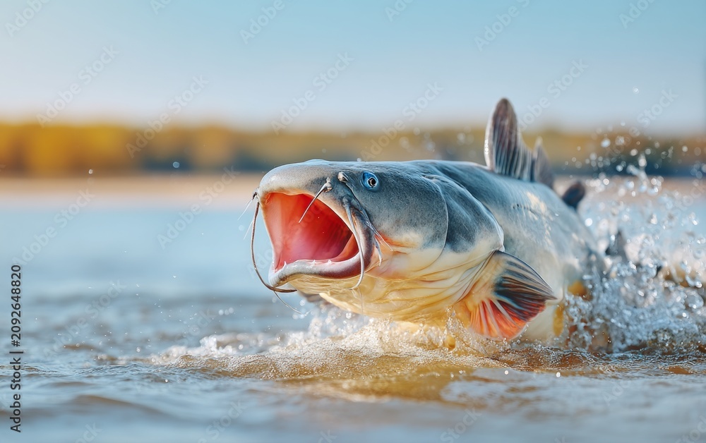 Fototapeta premium Massive Wels Catfish Lunging from Surface of European River Waters