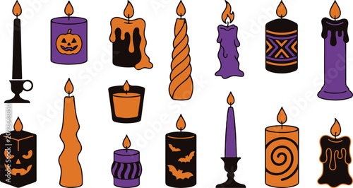 Cuadro en lienzo Halloween candle collection spooky orange and purple taper pillar and jack o' la