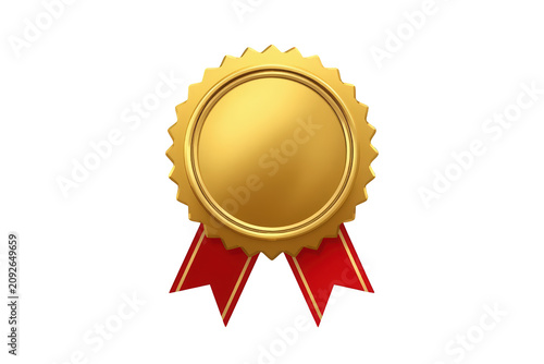 Golden award medal with blank space and red ribbons recognizing quality, achievement, and success on transparent background