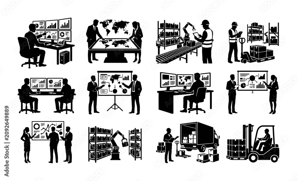 Obraz premium Business Technology and Logistics Icons Set for Global Trade and Supply Chain Management