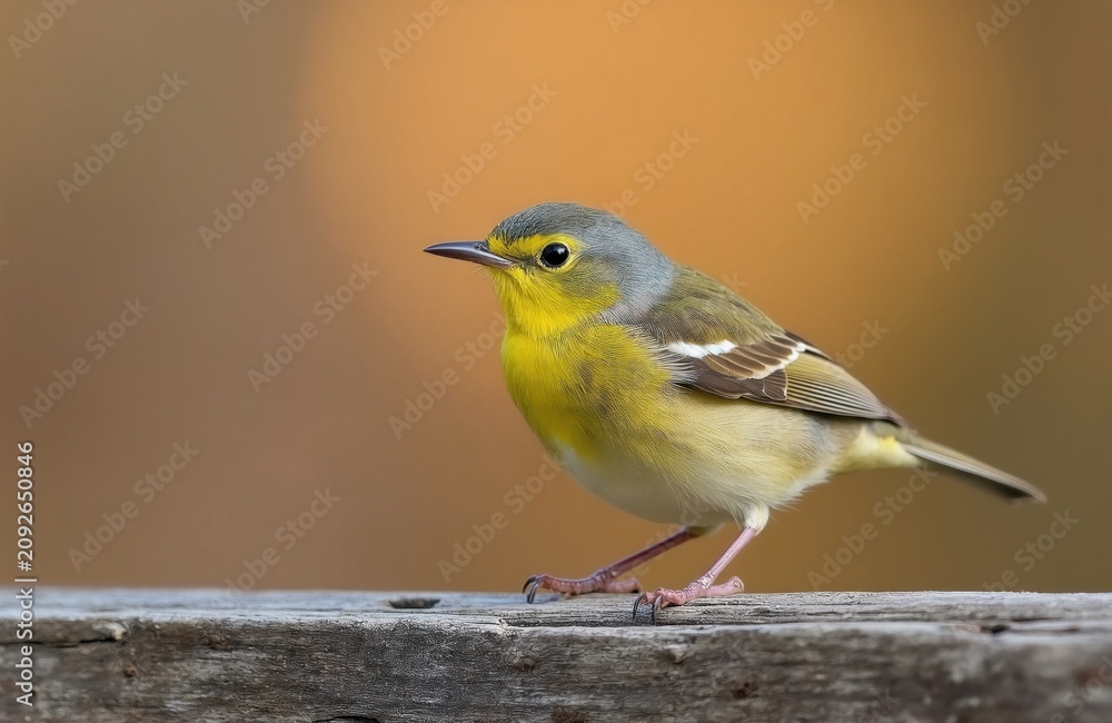 Fototapeta premium Small yellow bird with grey head perched on weathered wood. Tiny passerine fowl has fine feathers and beak. Willow warbler sits on fence post, observing surroundings.