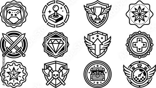 Konstfotografi Set of gaming, achievement, and adventure icons featuring controllers, swords, t