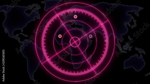 4K Pink Neon Radar Targeting System With World Map HUD Interface Targets Scanning Seamless Loop Video