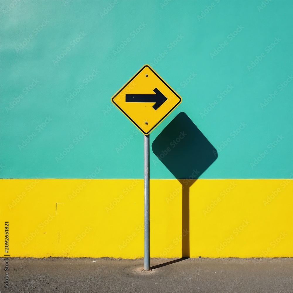 Obraz premium Yellow diamond sign with black arrow points right on teal and yellow wall. Simple geometric street marker casts dark shadow on grey pavement. Bright colors and clean lines.