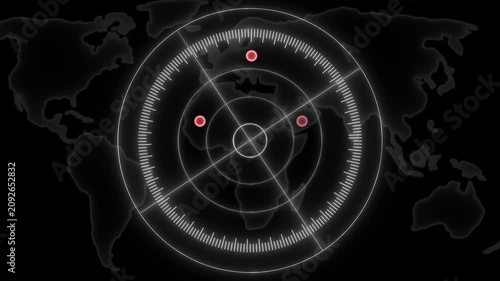 4K White Radar Targeting System With World Map HUD Interface Targets Scanning Seamless Loop Video