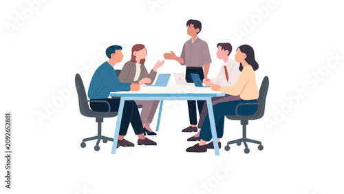 Flat vector illustration of diverse business people discussing project around office conference table