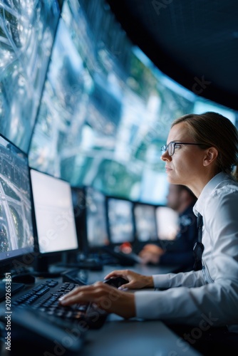 Security control room operator monitoring multiple screens in surveillance center for design, poster, background and network operations concept