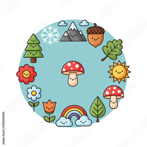 Cute Seasonal Icons Circle - Spring, Summer, Autumn, Winter