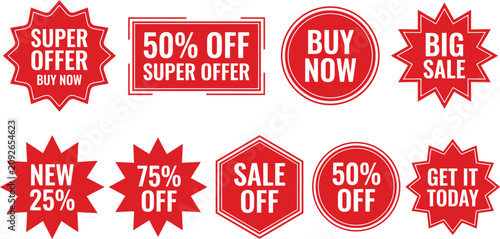 A collection of red vector sale badges and promotional stickers featuring various shapes including stars, circles, and rectangles with bold white marketing text overlays.