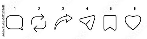Social Media User Interface Outline Icons Set - Comment, Refresh, Share, Send, Bookmark and Like