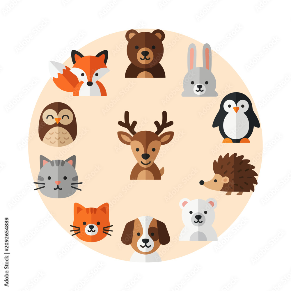 Fototapeta premium Cute Woodland Animal Circle Illustration - Fox, Bear, Deer, Owl, Cat, Dog, Penguin, Hedgehog