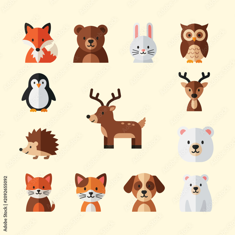 Fototapeta premium Cute Woodland Animal Icons Set: Fox, Bear, Rabbit, Owl, Penguin, Deer, Hedgehog
