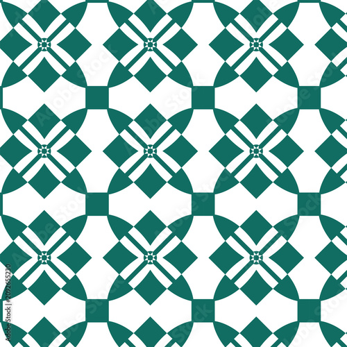 Geometric, tile-style repeating pattern, interlocking circular curves, nested diamonds, Moroccan cement floor tiles, ornamental iron gates, crosshairs, corner anchoring blocks, Classic, balanced,
