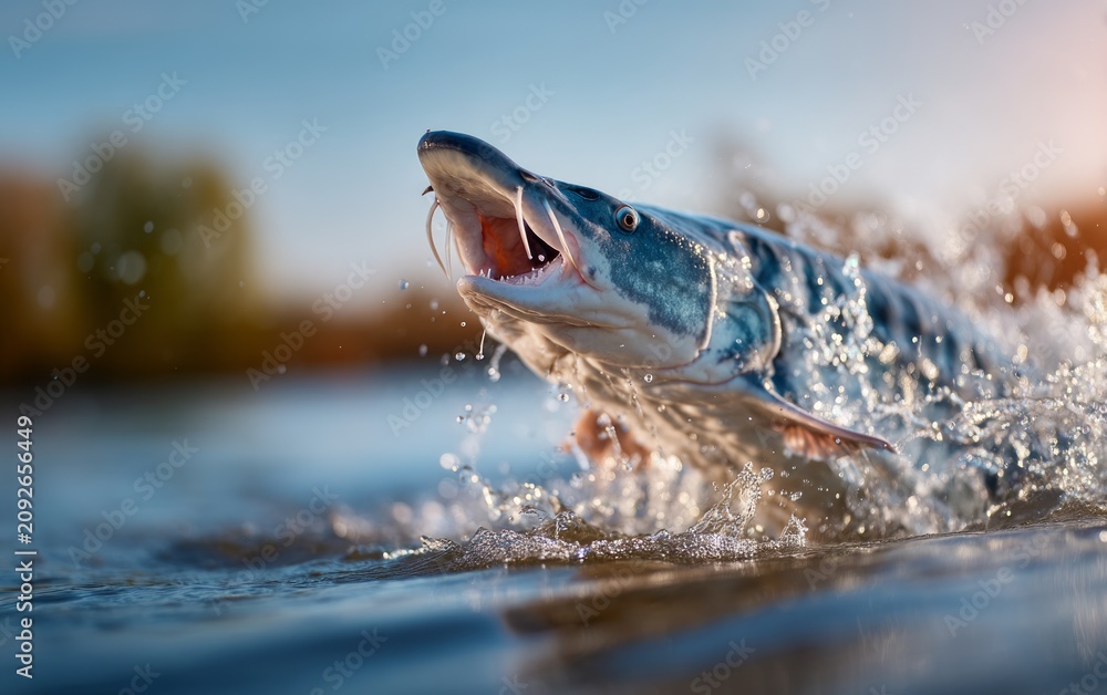 Fototapeta premium Majestic Beluga Sturgeon Breaching the Surface of the River Volga