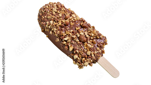 Chocolate covered ice cream bar with chopped nuts, isolated on transparent background