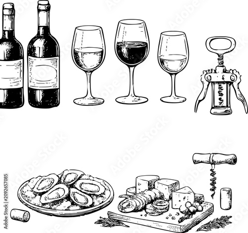 Hand drawn wine dinner elements. Line art food and drinks