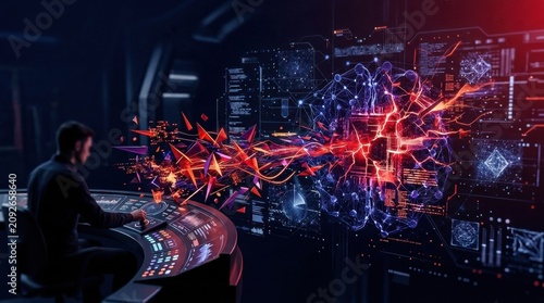 A person engages with advanced AI systems, focusing on ethical governance and red-teaming strategies within a high-tech environment.