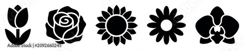 Flower icons set. Nature and floral beauty concept. Includes tulip, rose, sunflower, daisy, orchid. Solid black silhouette style