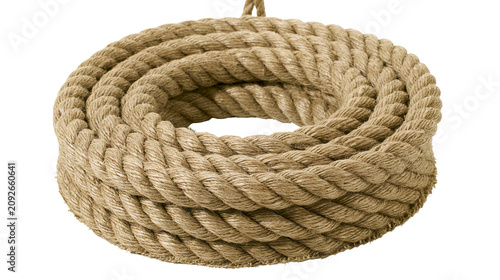 Thick natural fiber rope coiled in a circle, isolated on transparent background