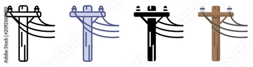 Electric pole icons set. Power and utility infrastructure concept. Includes wooden pole, power lines, electrical wires, insulators, crossarm. Flat, line, and solid styles