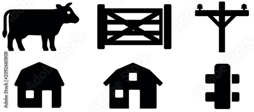 Farm and rural life icons set. Agriculture and countryside concept. Includes cow, wooden fence, utility pole, barn, house, traffic barrier. Solid black silhouette style