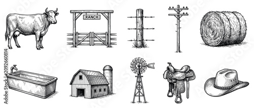 Ranch and farm icons set. Rural life and agriculture concept. Includes cow, ranch gate, barbed wire fence, utility pole, hay bale, water trough, barn, windmill, saddle, cowboy hat