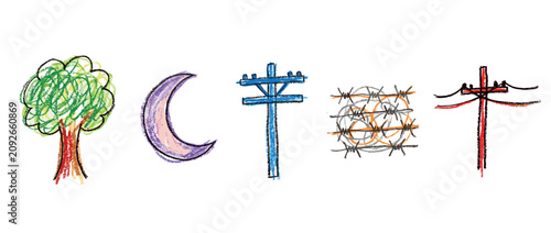 Nature and infrastructure icons set. Abstract elements and everyday objects concept. Includes tree, crescent moon, utility pole, barbed wire, power line. Hand-drawn crayon style