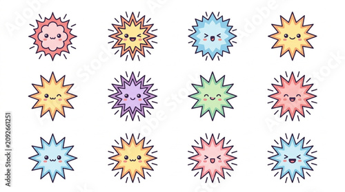 Принти на полотні Set of twelve cute cartoon starburst characters with different emotions