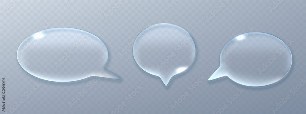 Obraz premium Realistic glass speech balloons with glow transparent liquid material. Elegant 3D chat icon collection for messaging and social networking concepts.