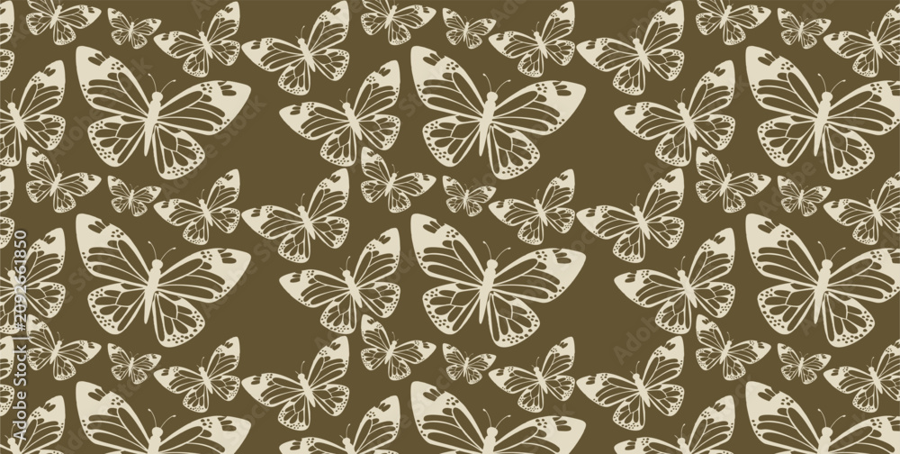 Fototapeta premium Vintage Seamless Pattern with Elegant Beige Butterflies on Brown Background