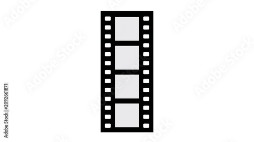 Black film strip with four blank grey frames, isolated on transparent background