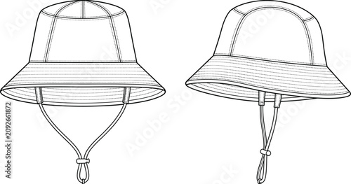 Blank bucket hat vector sketch fashion technical drawing front and side view outline template