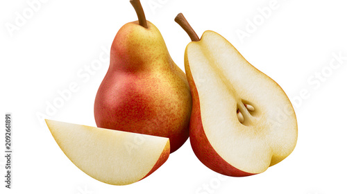 Red and yellow pears one whole one halved and a slice, isolated on transparent background